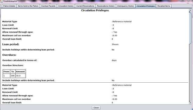 Circulation privileges in patron information