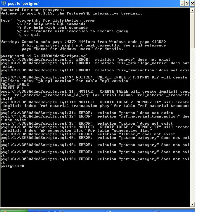 errors in psql execution